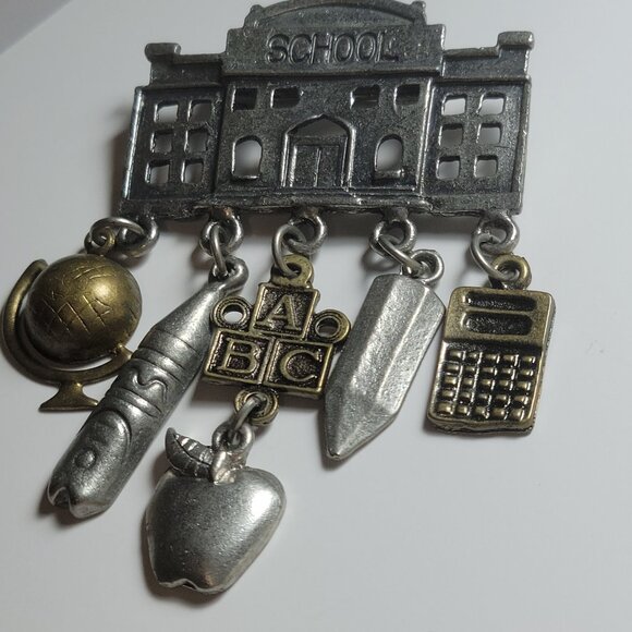 Vintage Brooch Silver Tone School House Pin with Charms - Picture 2 of 5